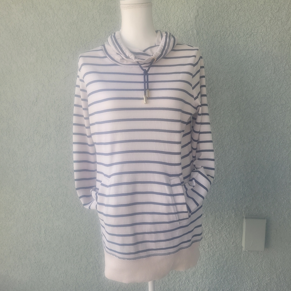 Tory Burch Striped White and Blue Sweatshirt Cowl Neck